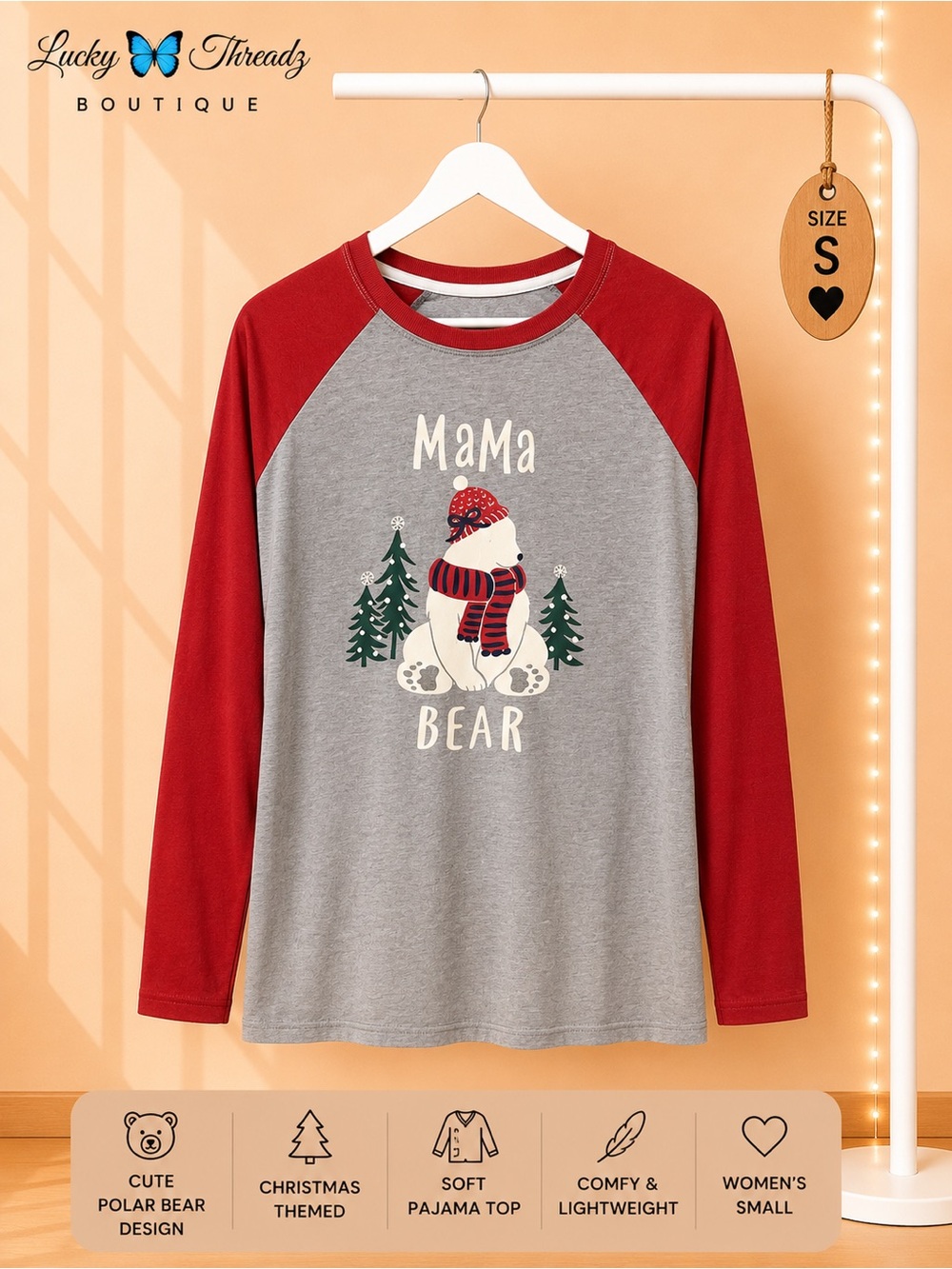 Mama Bear Christmas Polar Bear Pajama Top Gray Red Small